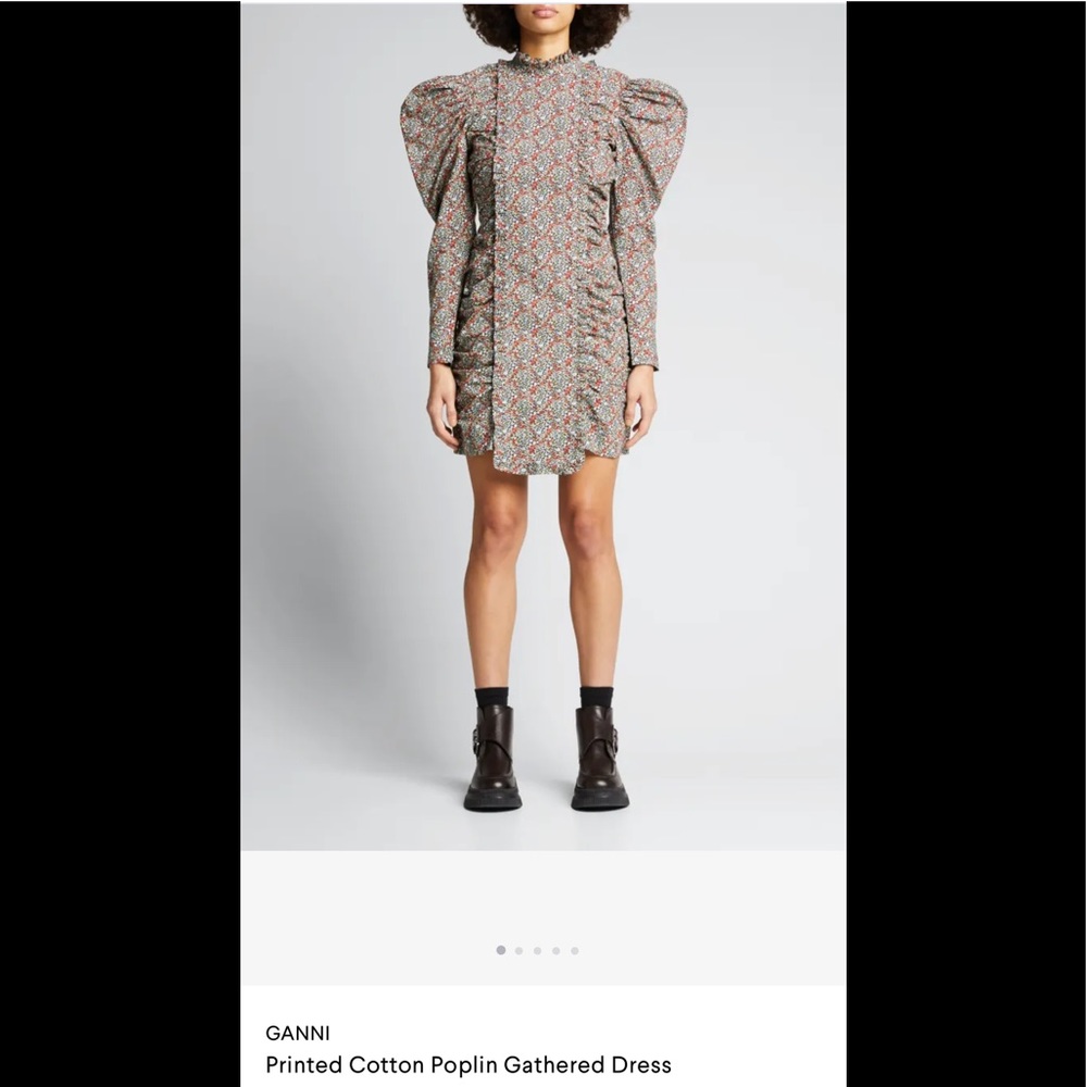 Ganni Printed Cotton Poplin Gathered Dress